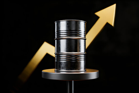 Conceptual 3D illustration of oil prices rally with crude oil barrel on podium, global energy market growth and commodity stock investment success.