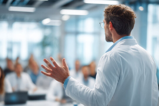 Confident male doctor in white coat giving a medical presentation to an audience in a modern conference room. Professional healthcare expert sharing knowledge at a seminar event