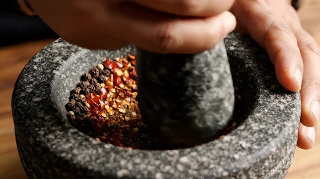 Grinding Spices in a Stone Mortar for Culinary Use.