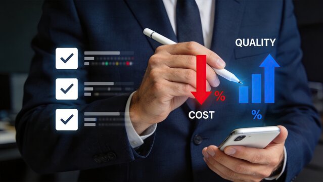 Businessman drawing red arrow down for cost reduction and blue bar chart up for quality increase on smartphone screen illustrating optimization strategy.