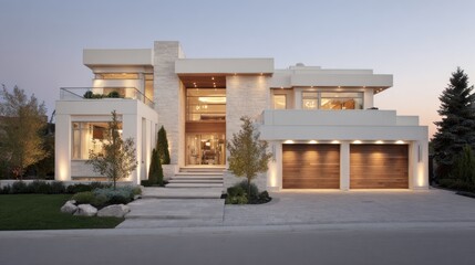 Obraz premium Modern architectural design of luxury home with large windows and elegant exterior in serene residential neighborhood