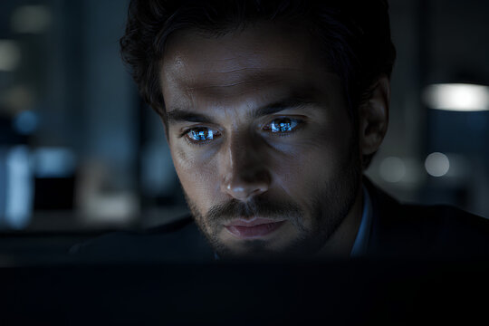 Close-Up Portrait of Corporate Professional Watching Sensitive Data Reflected in Eyes in Dark Office Environment