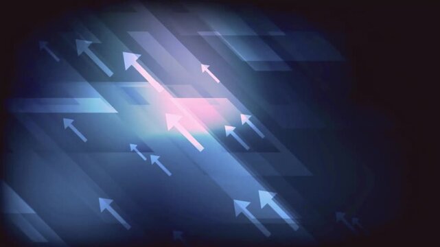 Digital arrows converging towards glowing light source in abstract geometric space