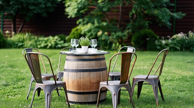 Rustic garden dining setup with wooden barrel table, metal chairs, and wine glasses on green lawn in backyard.