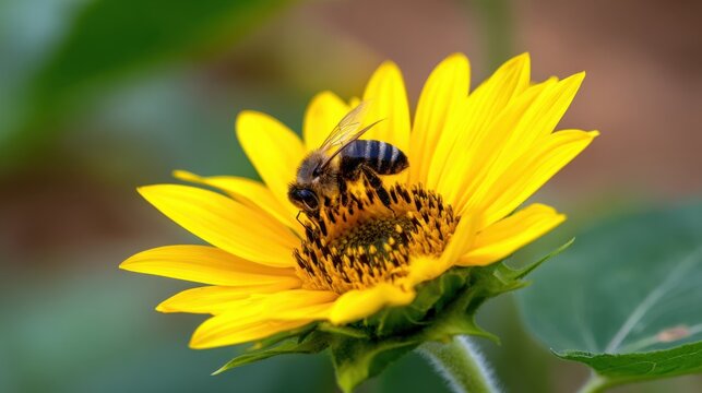 A bee pollinates a bright yellow sunflower, showcasing intricate details and vivid colors
