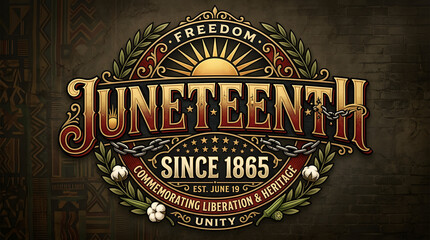 Fototapeta premium Juneteenth emblem celebrating freedom and unity since 1865 on vintage background