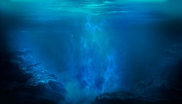 Dark sea bottom, underwater cave, water.
