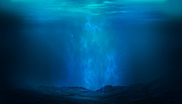 Dark sea bottom, underwater cave, water.