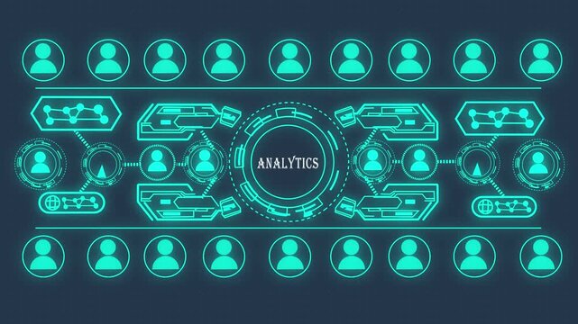 Digital analytics dashboard interface with glowing user network data visualization 4k