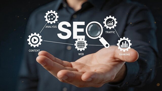 Hand holding SEO concept with gears representing analysis, content, web, traffic, and ranking optimization strategies for search engine marketing and digital visibility improvement