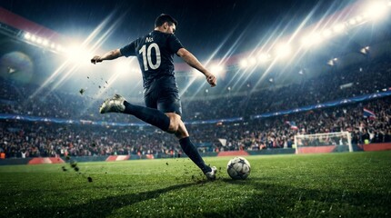 Naklejka premium A professional football player in black jersey kicking ball on a stadium field during a night match.