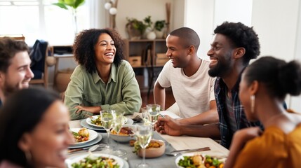 Naklejka premium Friends laughing and talking around a dining table at home during a casual dinner gathering.