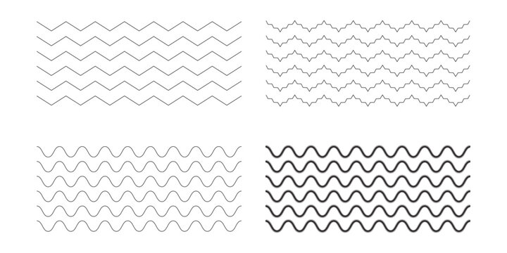 Wavy lines pattern vector element, wave ripple thin line strokes simple zigzag texture set, stream zig zag background backdrop image clip graphic illustration