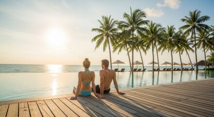 Fototapeta premium Romantic Couple Relaxing by Infinity Pool at Luxury Tropical Resort Du