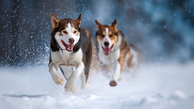 Two huskies running through fresh snow in winter forest, energetic action scene for outdoor adventure themes.