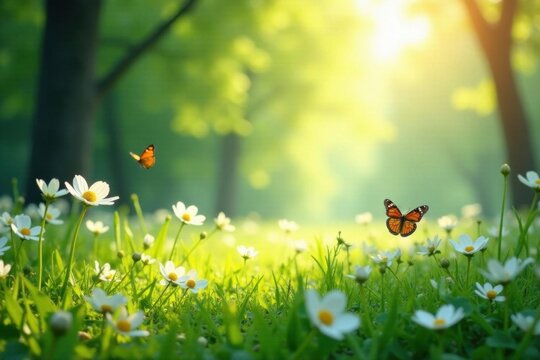 Bright sunlight illuminates a clearing filled with white blossoms and flitting butterflies , white flowers, landscape