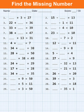 Math worksheet for finding the missing number. Educational activity for kids to practice basic addition and subtraction. Elementary school arithmetic homework