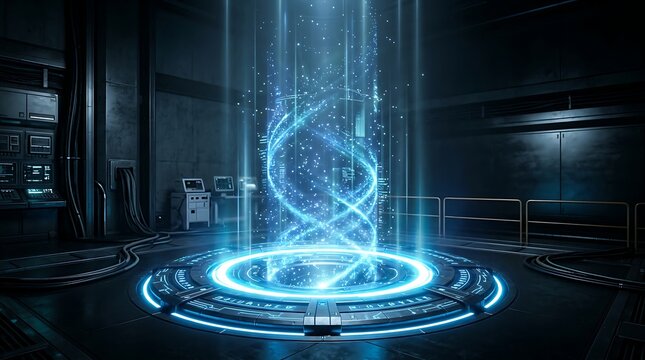 Futuristic hightech holographic interface inside advanced digital data center room