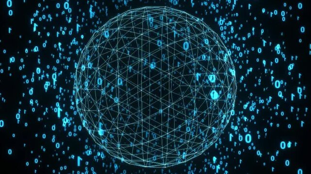 High quality 4K seamless abstract background loop. Features a futuristic blue digital digital planet made of plexus network lines and points, surrounded by floating binary data numbers (0 and 1).