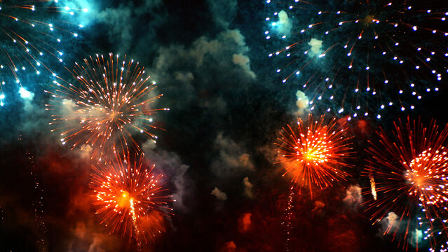 4th of july holiday festival. colorful firework night time to celebrate national holiday. Colorful vibrant Firework celebrate anniversary happy new year 2026 countdown new year party 2026 background