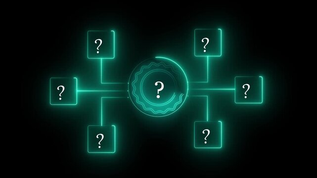 Neon question mark icons, representing problem solving, decision making, uncertainty, FAQ, customer support, and business strategy in modern technology context.