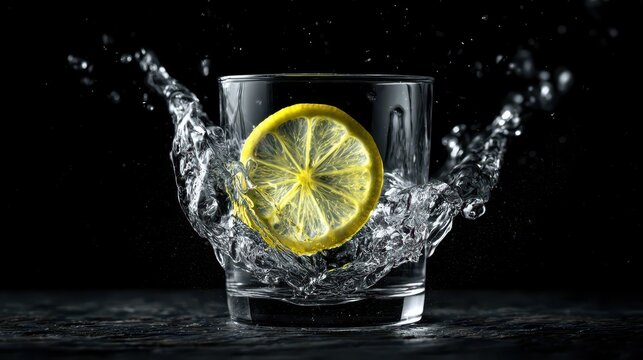 Lemon wheel splashing into a glass of mineral water with high-speed frozen motion and dramatic rim lighting for premium beverage branding