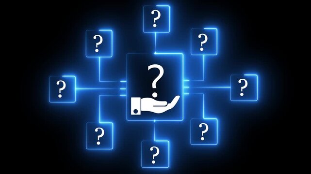 Hand holding with floating question mark icons, representing problem solving, decision making, uncertainty, FAQ, customer support, and business strategy in modern technology context.