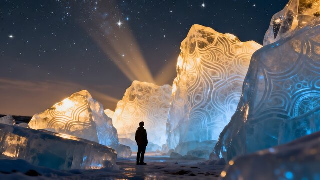 Person standing near illuminated ice sculptures