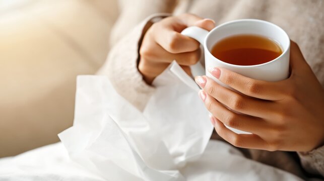 Hands holding a hot cup of tea next to tissues on a cozy blanket for home comfort and cold relief.