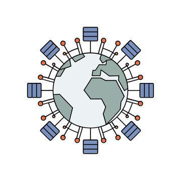Distributed Network, Globe With Radial Connections To Servers And Nodes, Futuristic Style, Technology Symbols, AI Automation Icons, Isolated Vector Illustration