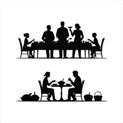 Fototapeta premium Silhouette of people eating at tables in two scenes