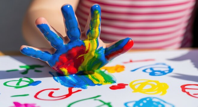 Child's Hand Covered in Vibrant Colorful Paint Making a Handprint on W