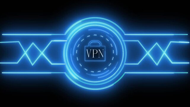Vpn logo animation with blue neon padlock. Vpn logo digital network security. Vpn logo cybersecurity technology graphic on black background for privacy.