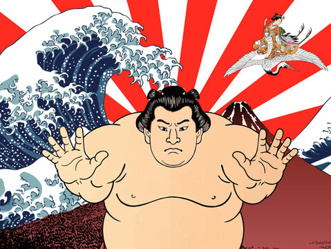 旭日と富士山を背負う力士