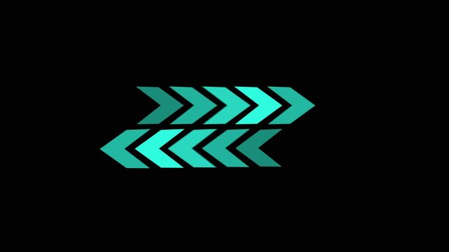 Arrow icon animation with teal reflection. Arrow icon digital direction indicator. Arrow icon technology navigation graphic on black background for apps.
