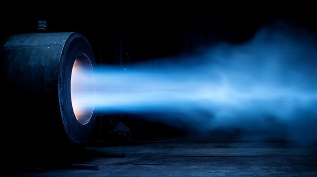 Powerful blue flame jetting out of industrial nozzle in darkness.