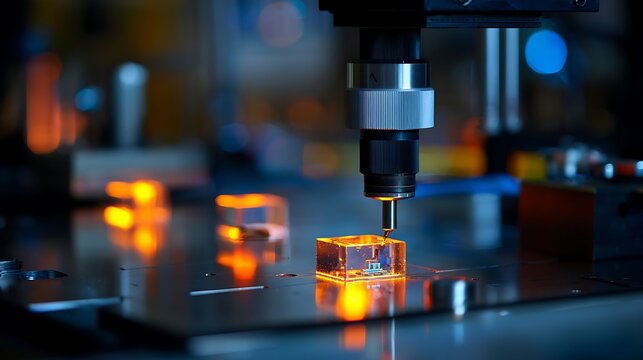 Automated industrial robot arm precisely working on glowing orange cubes in a factory setting.