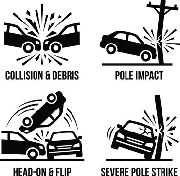 Detailed black and white vector illustrations depicting various car accident scenarios including collision, debris, pole impact, head‑on crash, and severe strike