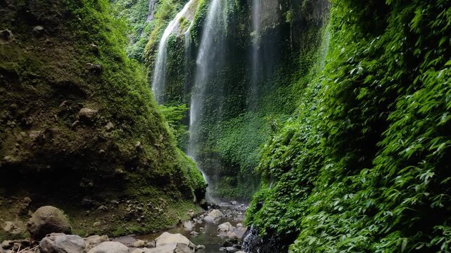 Aerial view of Madakaripura Waterfall cascading down mossy canyon walls into a rocky stream with lush greenery in Kecamatan Lumbang, Jawa Timur, Indonesia.