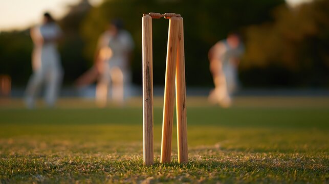 Cricket stumps on pitch at sunset with blurred players in background