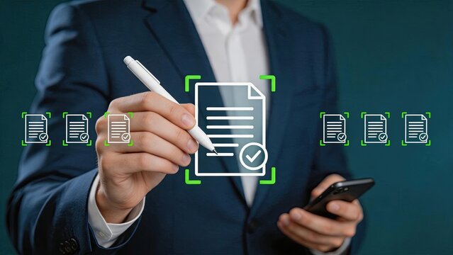 Executive reviewing multiple digital files on transparent display, strategic planning session, data-driven decision making, organizational efficiency improvement, cloud-based
