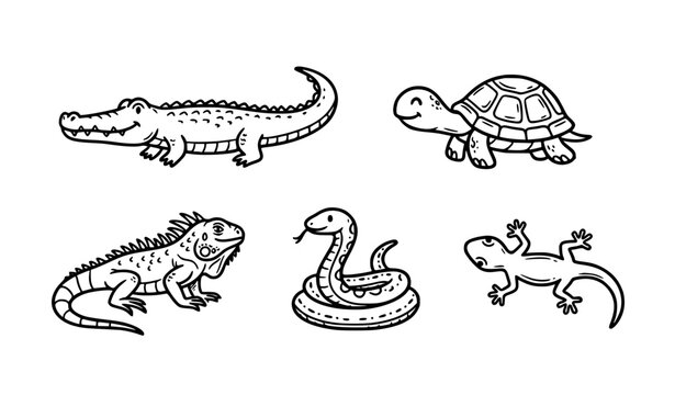 Hand Drawn Reptile Doodle Icons Crocodile Turtle Vector