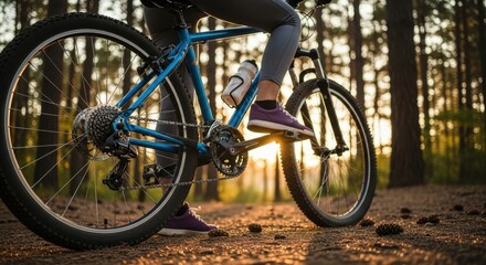 Fototapeta premium Mountain Biker Riding Through a Pine Forest at Sunset, Close-up of Blu
