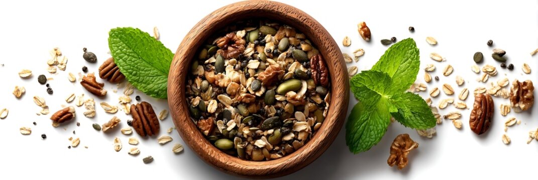 Granola mix with toasted oats, pumpkin seeds, walnuts and pecans in rustic wooden bowl accompanied by fresh mint leaves and scattered ingredients on white surface top view