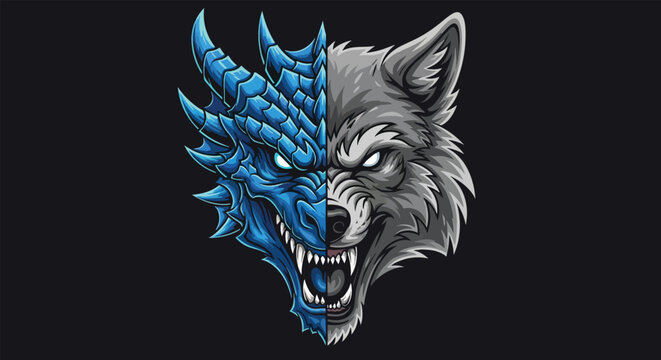 Dragon and wolf head fusion illustration.