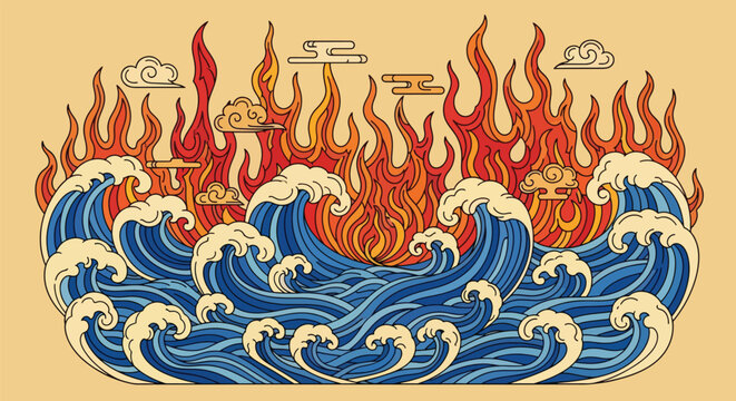 Dynamic illustration of fire and water in traditional Asian art style.