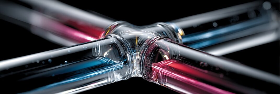 Laboratory glass tubes junction with flowing blue and magenta liquid chemicals for scientific research and industrial technology development in dark modern laboratory environment
