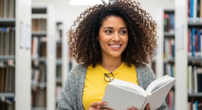 Smiling Young Woman with Curly Hair Holding a Book in a Library - Educ
