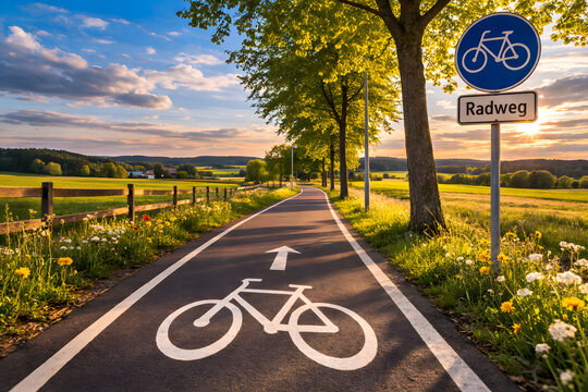 Scenic bicycle lane through countryside with bike path marking, cycling route beside green trees at sunset. Dedicated bicycle road, sustainable transportation infrastructure, outdoor recreation, eco f