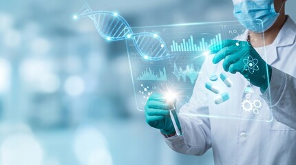 Scientist in lab coat analyzes dna data on transparent screen with graphs and molecular structures